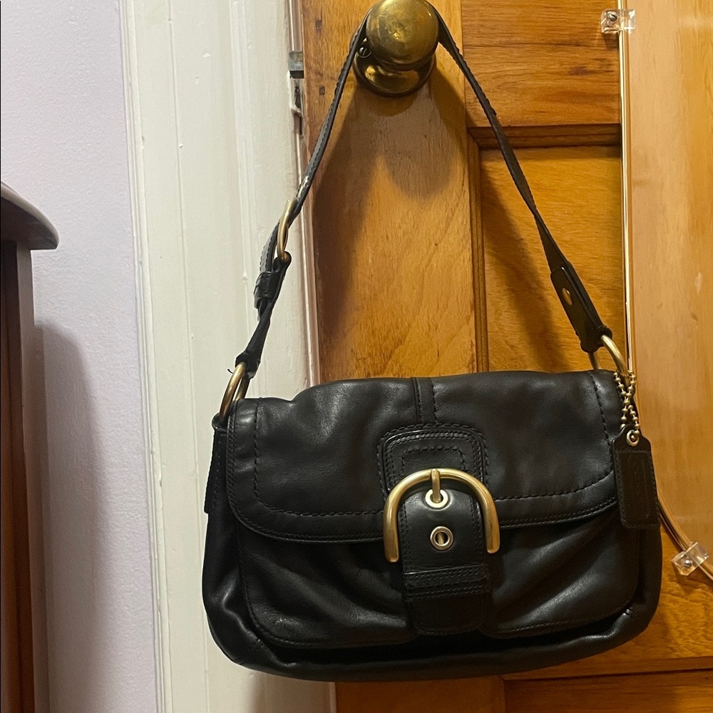 Coach Black Leather Shoulder Bag with Gold Buckle